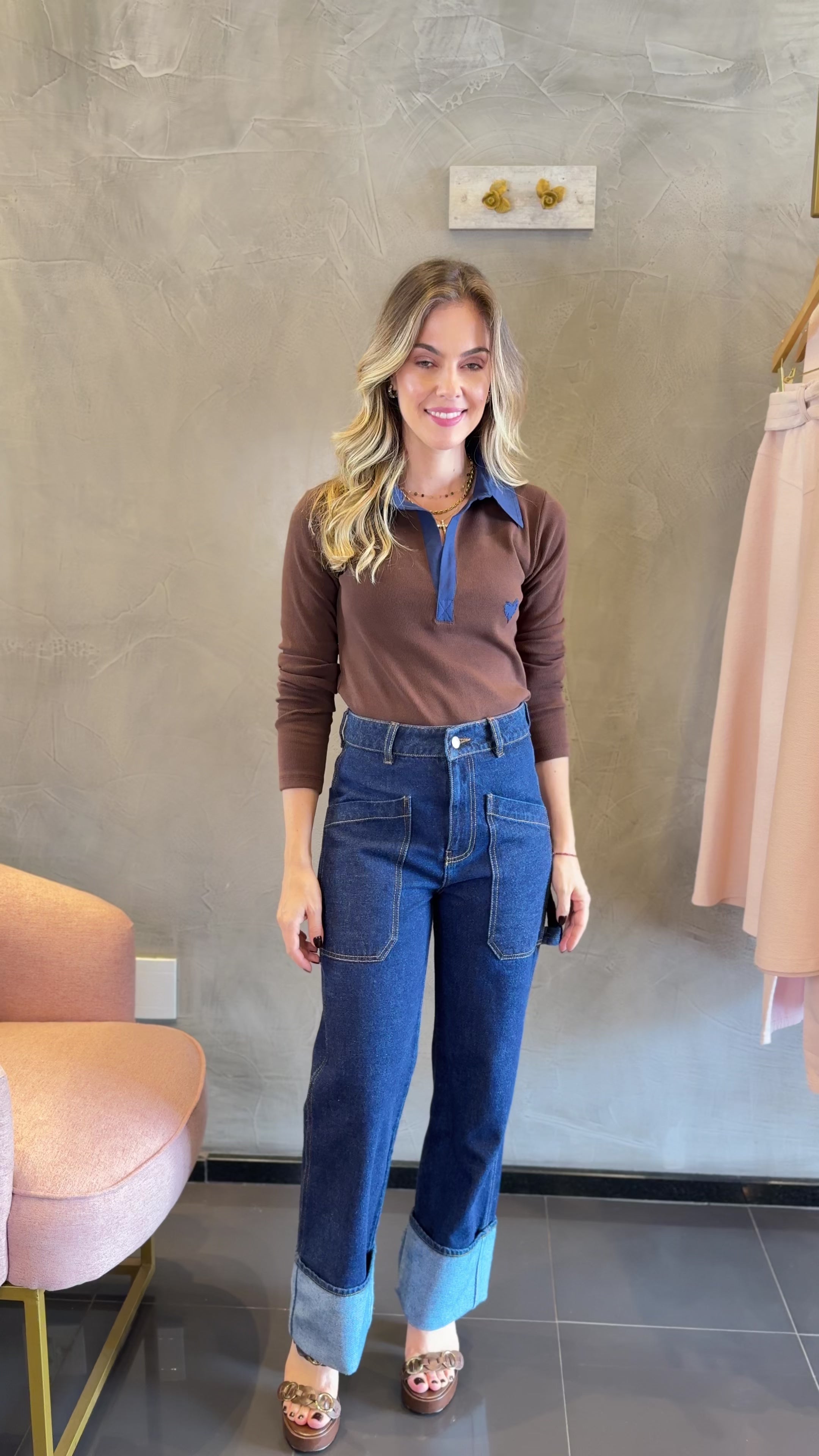 BLUSA POLO FERNANDA BICOLOR MARROM